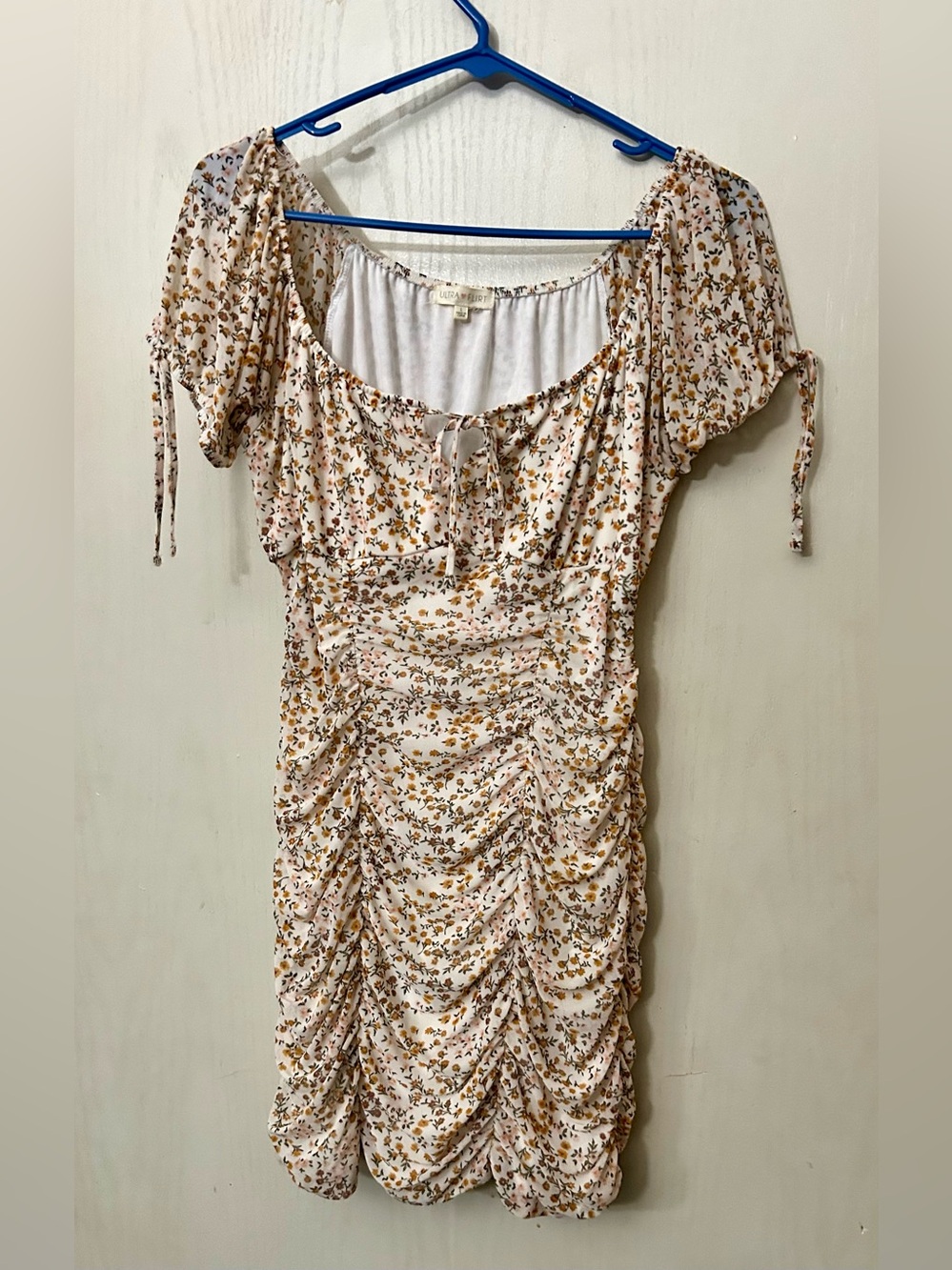 Ultra Flirt Floral Ruched Mini Dress L Puff Sleeve Y2K Cottagecore